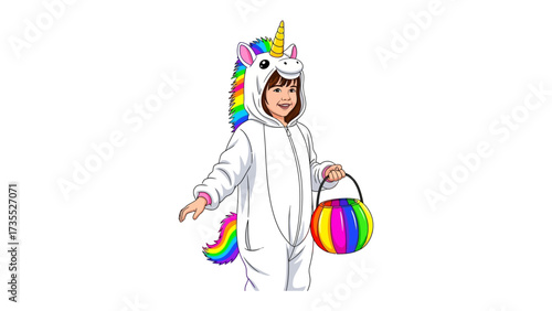 Joyful Unicorn Costume: A cheerful child is enveloped in a radiant unicorn costume, brimming with delight and playful wonder, clutching a vibrant basket of treats. 