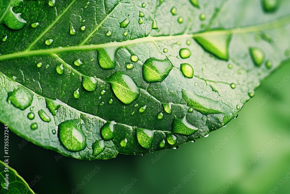 Fototapeta premium A vibrant green leaf glistening with morning dew, showcasing nature's delicate beauty in a close-up shot with lush green background.