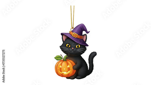 Spooky Cat: A charming black cat dressed as a witch with a jack-o'-lantern, ready for Halloween, adorned in a vibrant Halloween decoration.