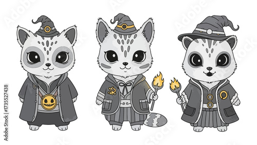 Whimsical Wizard Cat Trio: Three adorable cats don magical attire, each exuding charm and a touch of mystique in a captivating display of fantasy illustration.