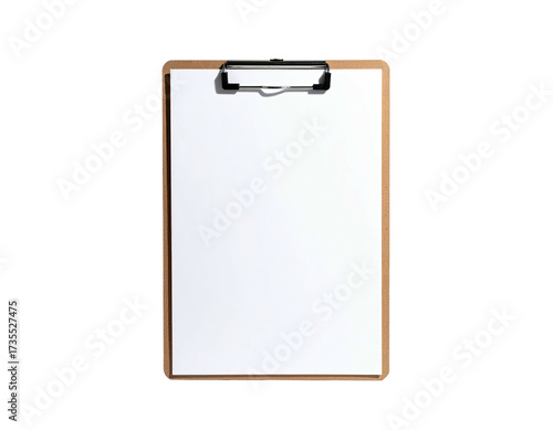 A rectangular clipboard with a blank white paper sheet, top clip visible