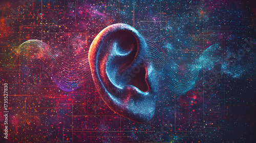 Conceptual artwork depicting ear and curved sound waves in soft neutral palette, abstract representation of aural impairment, communication difficulty, and potential hearing disorder.