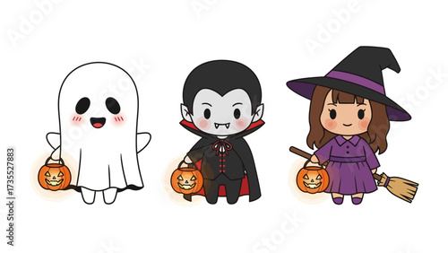 Whimsical Halloween Trio: Delightful illustrations of a friendly ghost, a dapper vampire, and a charming witch, all adorned with classic Halloween symbols in a captivating setup.