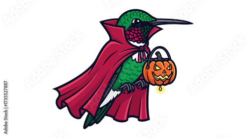 Halloween Hummingbird: An illustration capturing a hummingbird, cloaked in a burgundy cape and bearing a carved jack-o'-lantern, perfectly embodies the spirit of All Hallows' Eve.