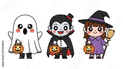 Halloween Characters Illustration: Adorable Halloween characters including a ghost, a vampire, and a witch holding jack-o'-lanterns in this delightful and cartoonish Halloween-themed illustration.