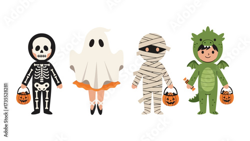 Spirited Halloween Costumes: Delightful illustrations depict children adorned in festive Halloween costumes, each carrying a treat basket.