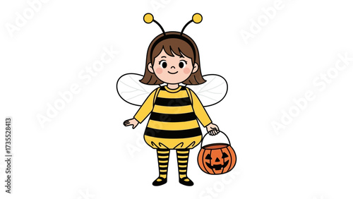 Adorable Bumble Bee: A cute illustration of a child dressed as a bumble bee with a pumpkin basket in hand. Capturing the joyful spirit of childhood.