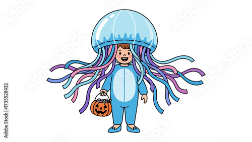 Child in a Jellyfish Costume: A whimsical illustration captures a child's joy as they proudly sport a vibrant jellyfish costume, ready to trick-or-treat, embodying the playful spirit of Halloween.