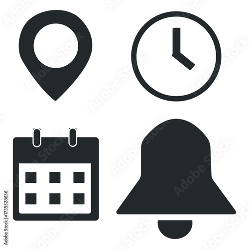 Location, Time, Calendar and Notification Icon Set  Solid Style