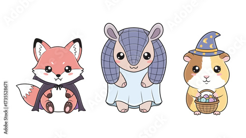 Halloween Critters: A playful illustration presents a cute fox, armadillo, and guinea pig, each in festive Halloween attire, ready for tricks and treats. 
