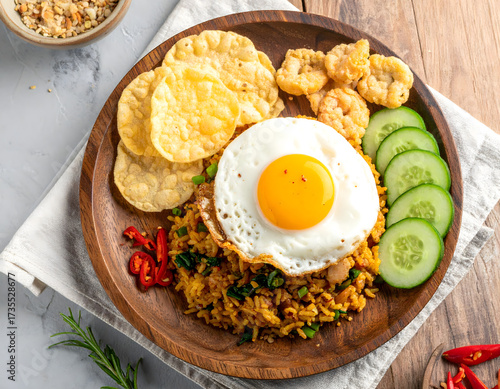 Delicious Indonesian Nasi Goreng (fried rice) topped with a bright sunny-side-up egg, cucumber, and kerupuk (crackers) on a rustic wooden plate. This flatlay captures the appetizing, traditional Asian