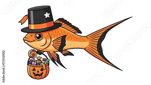 Halloween Goldfish Celebration: An adorable goldfish embraces the spooky spirit, adorned with a festive top hat and a pumpkin-shaped treat bucket filled with colorful candies.