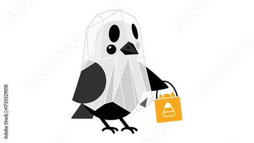 Halloween Bird: An adorable polygonal bird, charmingly disguised in a ghostly sheet, clutches a trick-or-treat bag, ready to embrace the spooky season.