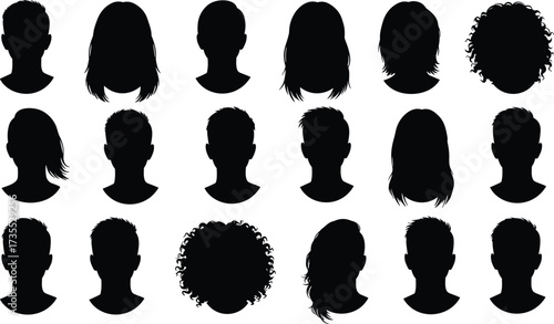 Silhouette hairstyle collection, male and female head profiles, black hair vector, people face outline, haircut design, barber style illustration