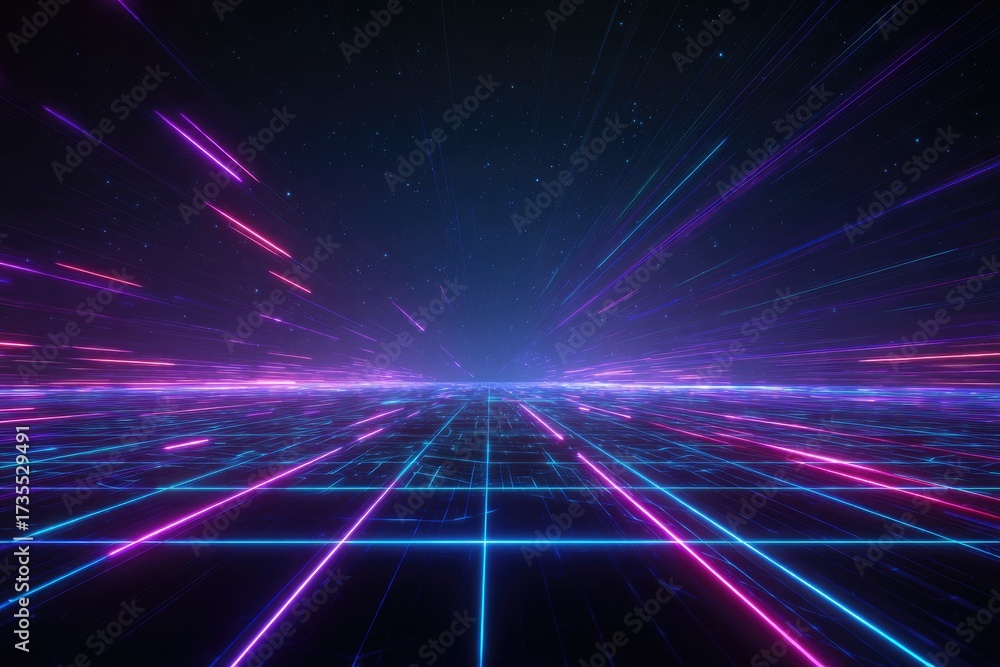 Obraz premium Digital artwork of a grid and streaking lights in shades of blue, purple, and pink against a starry background