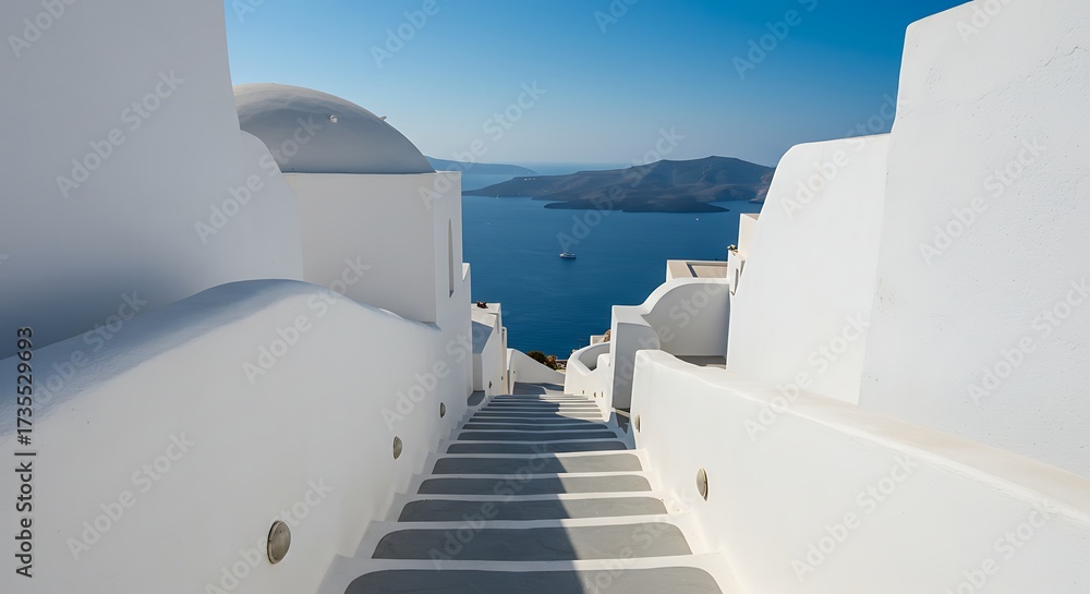 Fototapeta premium White architecture stairs leading to ocean view in bright daylight