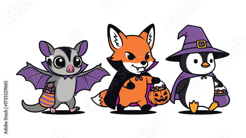 Halloween Animal Friends: This captivating artwork features a delightful array of cartoonish animals, each adorned in festive Halloween attire, creating a whimsical scene. 