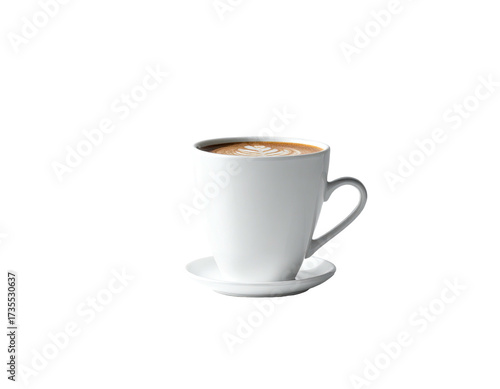 White ceramic coffee cup with latte art, on a saucer against a dark background