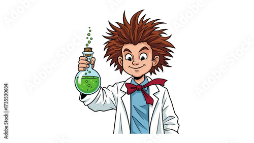 Young Scientist with Concoction: An animated depiction of a bright-eyed scientist proudly displaying a bubbling beaker of a vibrant concoction, symbolizing innovation and scientific exploration.