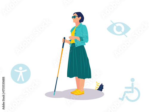 A visually impaired woman with a cane