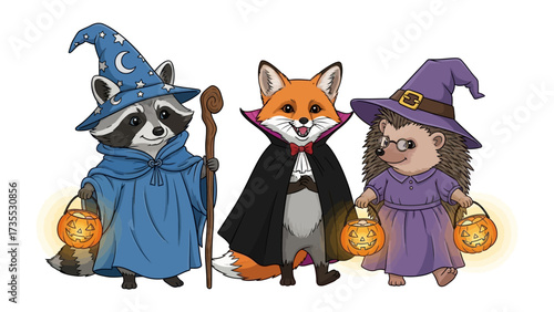 Halloween Mischief: A charming illustration featuring three whimsical animals in festive Halloween costumes, ready for a night of spooky fun and treats. 