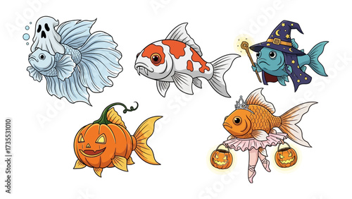 Whimsical Aquarium: A captivating illustration presents five uniquely styled goldfish, including a ghost, witch, pumpkin, and ballerina, embodying playful imagination and thematic creativity.