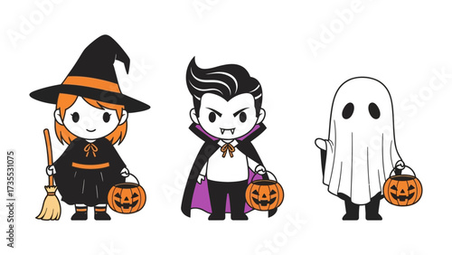 Halloween Characters in the Spooky Spirit: Three adorable Halloween characters – a witch, a vampire, and a ghost – stand together, each bearing a glowing jack-o'-lantern.