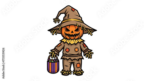 Halloween Scarecrow Cartoon: Spooky cartoon scarecrow illustration with a pumpkin head, dressed in rustic attire holding trick-or-treat candy bucket. Perfect for Halloween-themed projects.