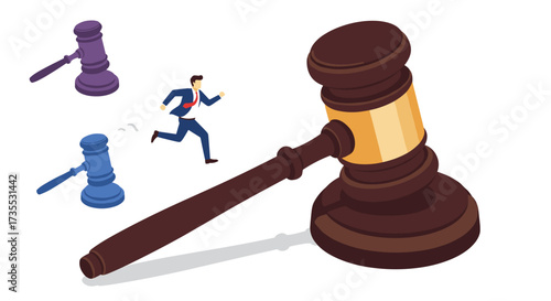 Businessman running from giant judges gavel in isometric illustration on white background