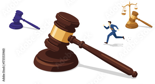 Isometric legal concept with gavel and escaping businessman