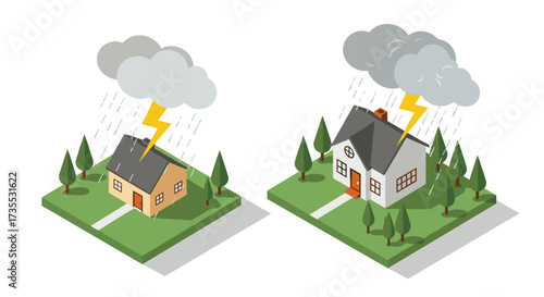 Isometric lightning strikes two houses in rainy weather