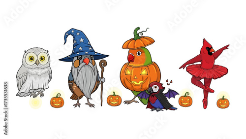 Halloween's Whimsical Parade: A gathering of playful, costumed creatures. An owl, a wizard bird, and a parrot adorned as a pumpkin. The cardinal in a tutu, all stand together with jack-o-lanterns.