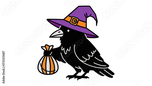 Crow with Hat and Bag: An illustration depicts a mischievous crow, complete with a witch's hat and holding a bag, embodying the spirit of halloween, with playful charm and spooky allure.