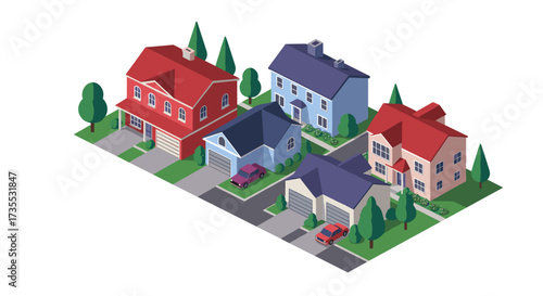 Charming isometric neighborhood with colorful residential houses and lush greenery