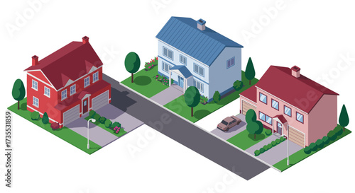 Charming suburban neighborhood with colorful isometric houses