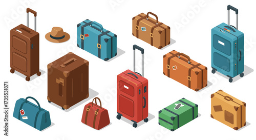 Isometric travel bags and suitcases collection with retro design and luggage elements