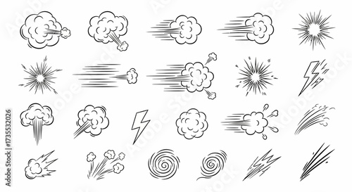 Line speed cartoon effect, boom explosive motion line element set. Comic boom burst, explosive smoke, line speed cartoon vector icon. Hand drawn sketch doodle action effect. Vector illustration