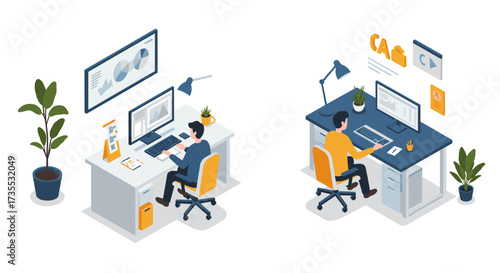 Modern office workspace with professionals at computers in isometric style