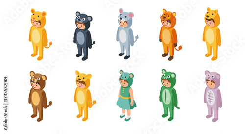 Isometric children in adorable animal costumes for fun playtime adventures