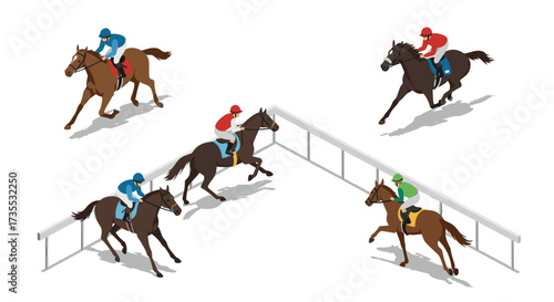 Isometric horse racing scene with jockeys on track in dynamic motion