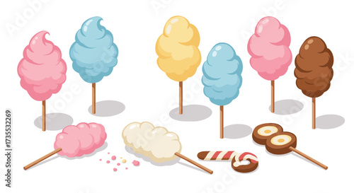 Colorful cotton candy treats in sweet isometric design on white background