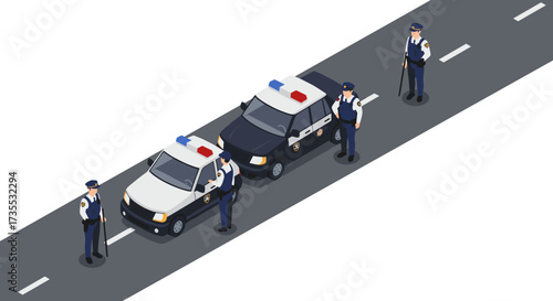 Isometric police officers in uniform with patrol cars on roadway