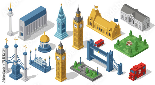 Isometric landmarks of london with iconic buildings and structures
