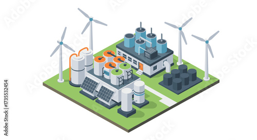 Sustainable energy plant with wind turbines and solar panels in isometric design
