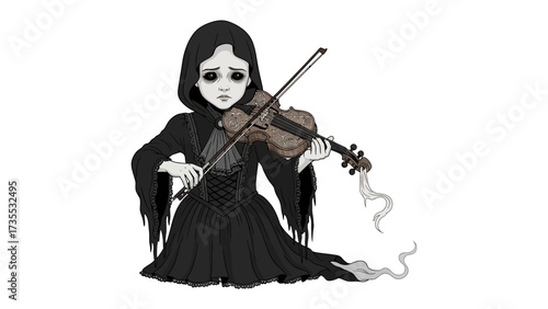Ethereal Melancholy: A spectral figure cloaked in shadows, lost in a sorrowful melody as they play the violin, exuding an aura of haunting beauty.