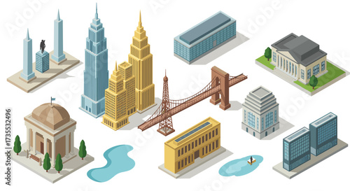 Isometric cityscape iconic buildings and landmarks in modern urban design
