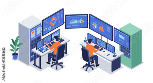 Modern control room isometric design with people monitoring data on multiple screens