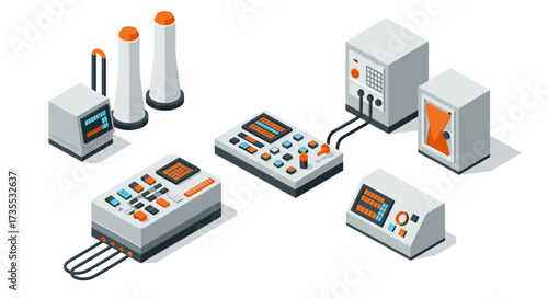 Isometric industrial control panels and equipment in modern design