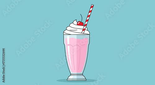 Pink milkshake with whipped cream cherry and straw on blue.