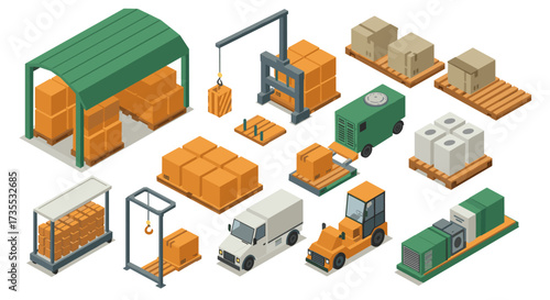 Isometric warehouse and logistics elements with vehicles and equipment